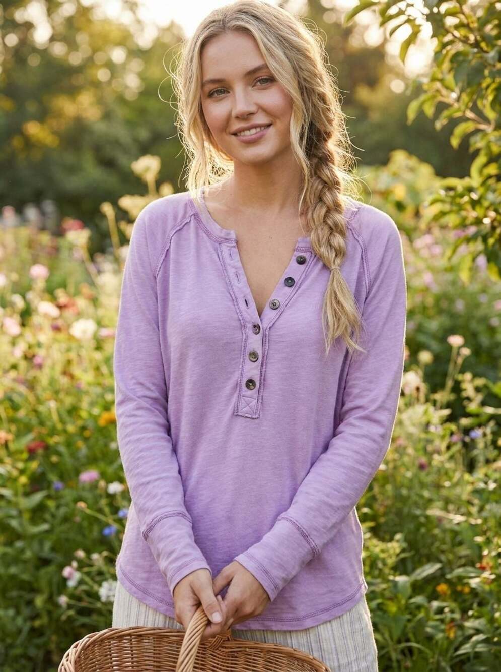 NEW Zenana Purple Cotton Women's Long Sleeve Henley Top Size S
